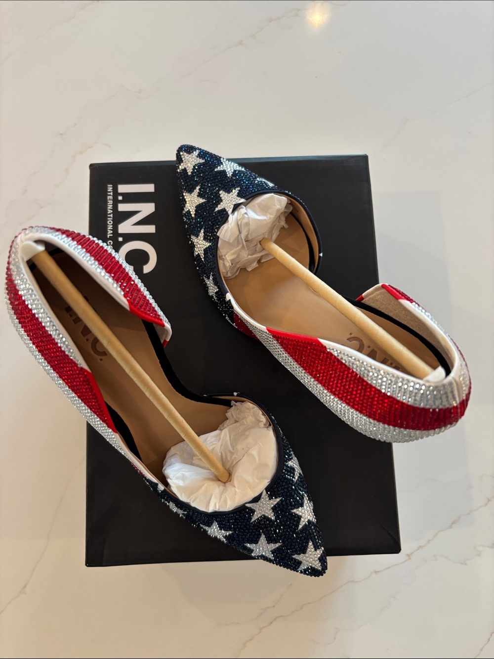 INC International Concepts Red White and Blue Rhinestone Star-Striped Pumps 250 - Picture 3 of 12